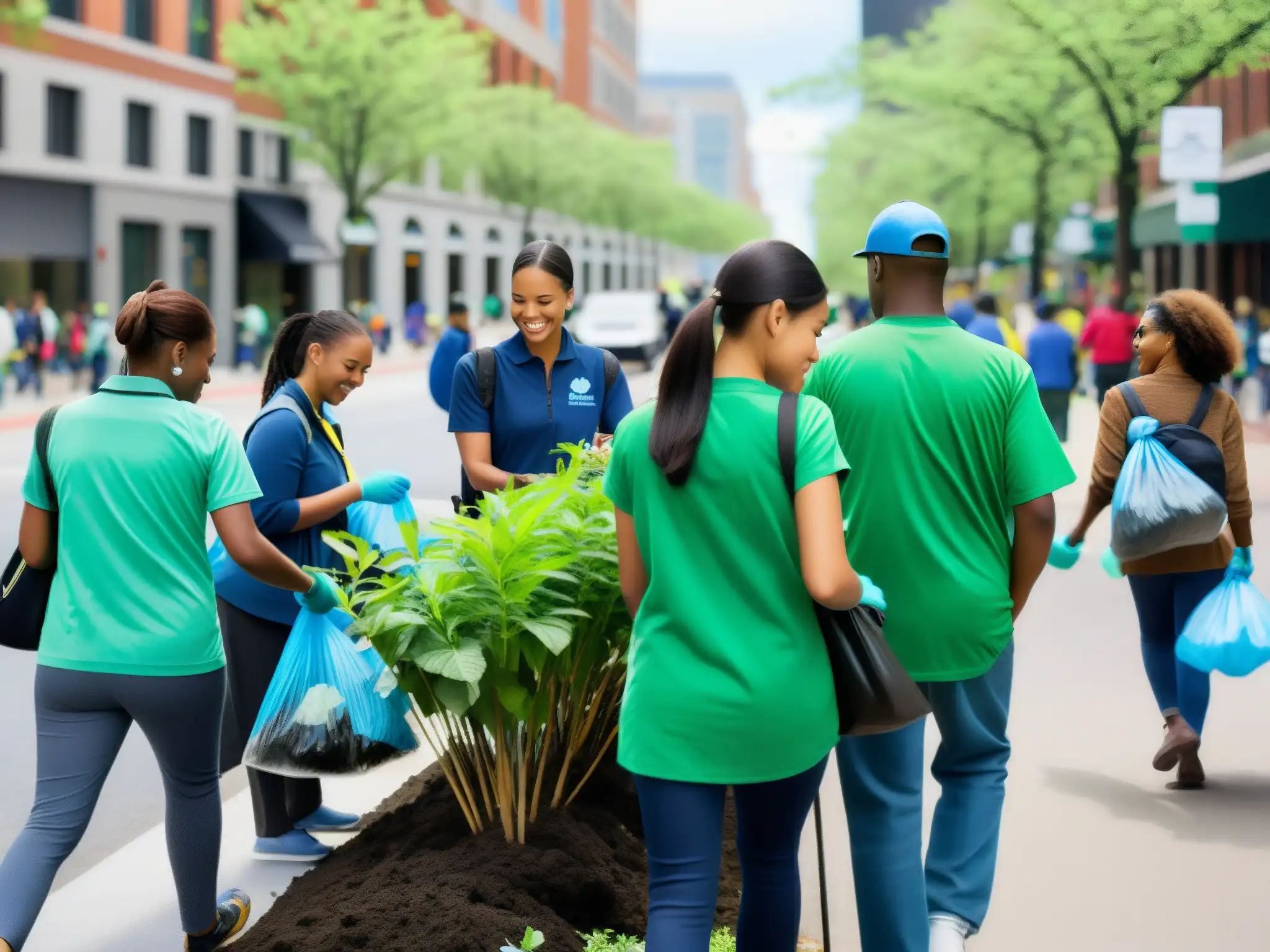 Grupo diverso de voluntarios participa en limpieza urbana, reflejando compromiso ciudadano y legislación ambiental europea