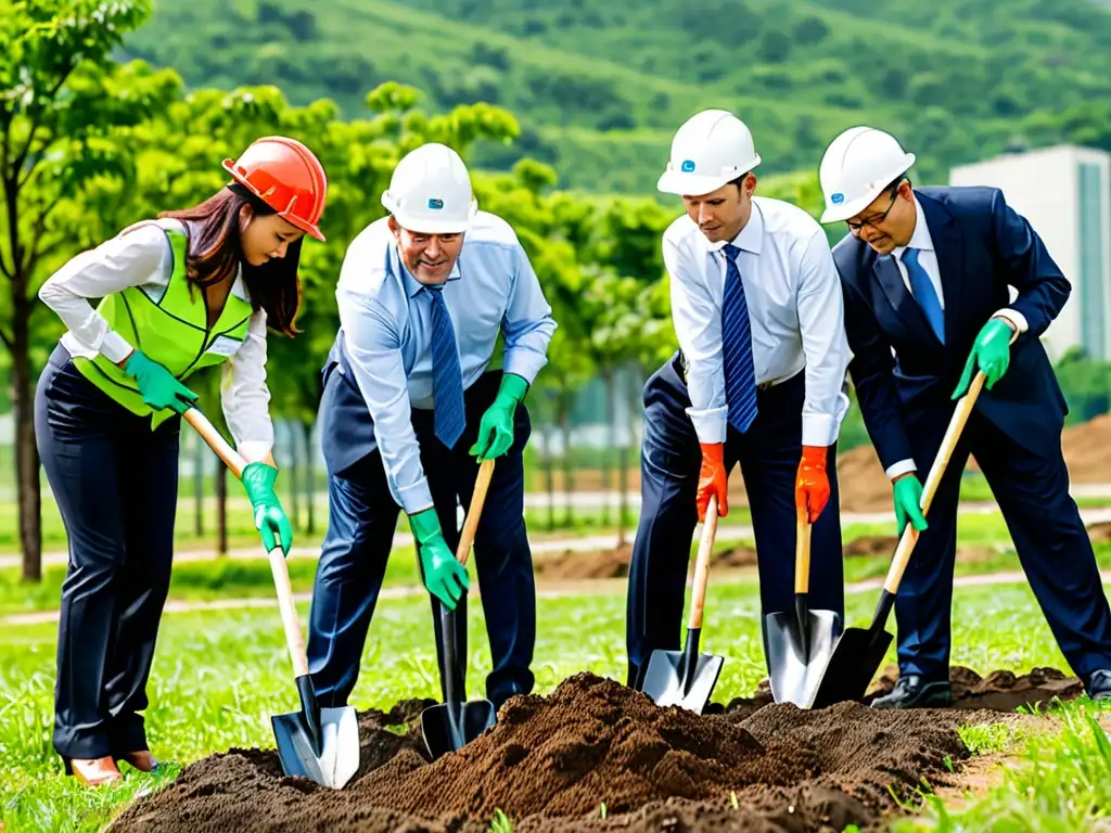 Un grupo de ejecutivos corporativos planta árboles en un campo verde, simbolizando la responsabilidad ambiental de las empresas