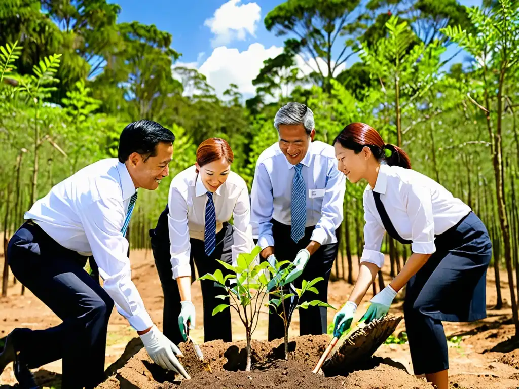 Un grupo de ejecutivos corporativos en trajes de negocios plantando árboles en un área de reforestación, rodeados de exuberante vegetación y cielos azules despejados