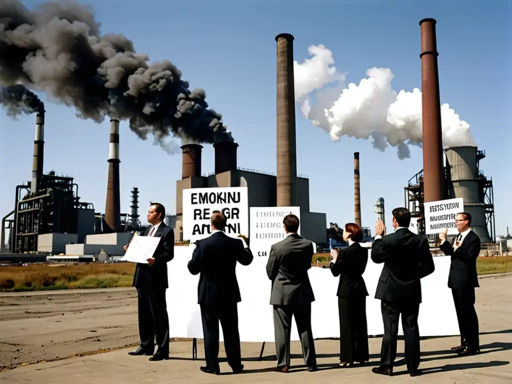 Un grupo de ejecutivos empresariales discute frente a una fábrica contaminante, mientras activistas exigen acción ambiental