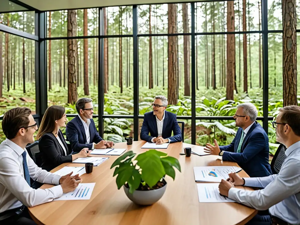 Grupo de ejecutivos y expertos ambientales discuten estrategias de sostenibilidad corporativa, con vista a un bosque exuberante