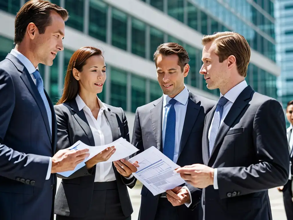 Grupo de ejecutivos internacionales en traje de negocios frente a un moderno edificio corporativo