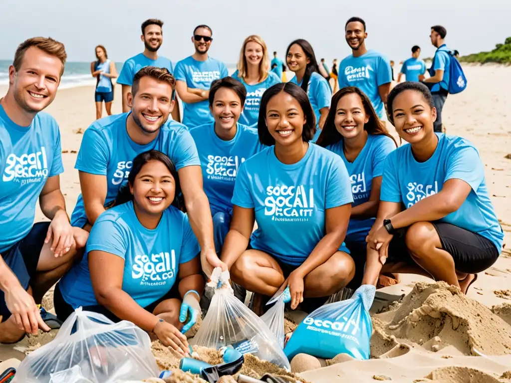 Un grupo de empleados corporativos participa en una limpieza de playa, usando materiales sostenibles para recolectar residuos plásticos