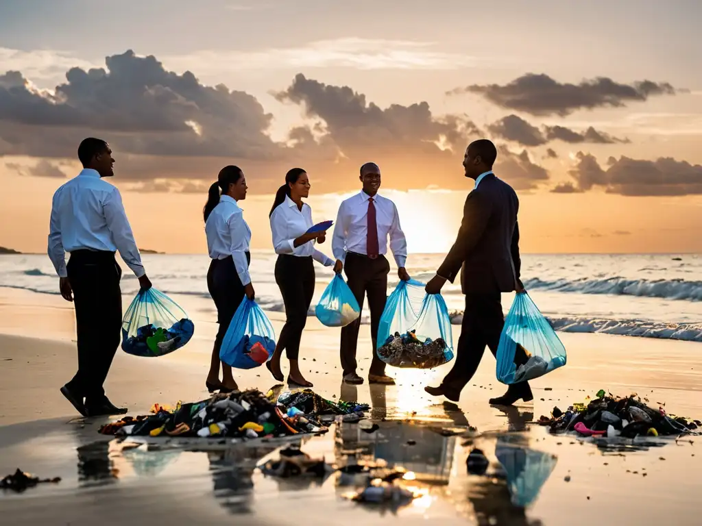 Grupo de empleados corporativos en traje de negocios realizando una limpieza en la playa al atardecer, mostrando su compromiso con el medio ambiente