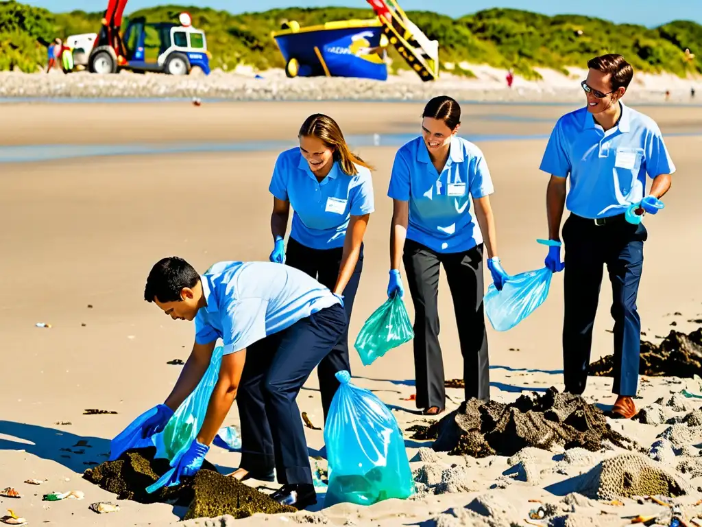 Grupo de empleados corporativos en trajes de negocios participando en una limpieza de playa, demostrando responsabilidad social ambiental