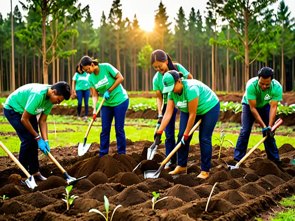 Grupo de empleados de una empresa plantando árboles en área deforestada, demostrando responsabilidad social ambiental