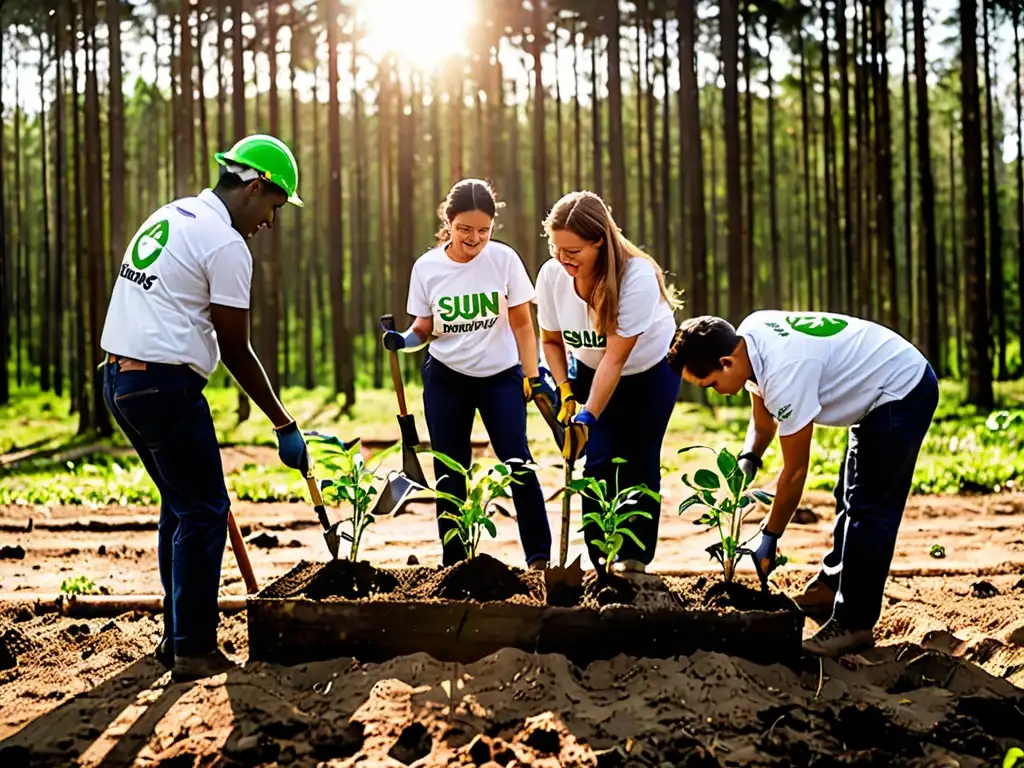 Grupo de empleados de una empresa de energía sostenible plantando árboles en una zona deforestada al atardecer, demostrando su compromiso con la responsabilidad social ambiental