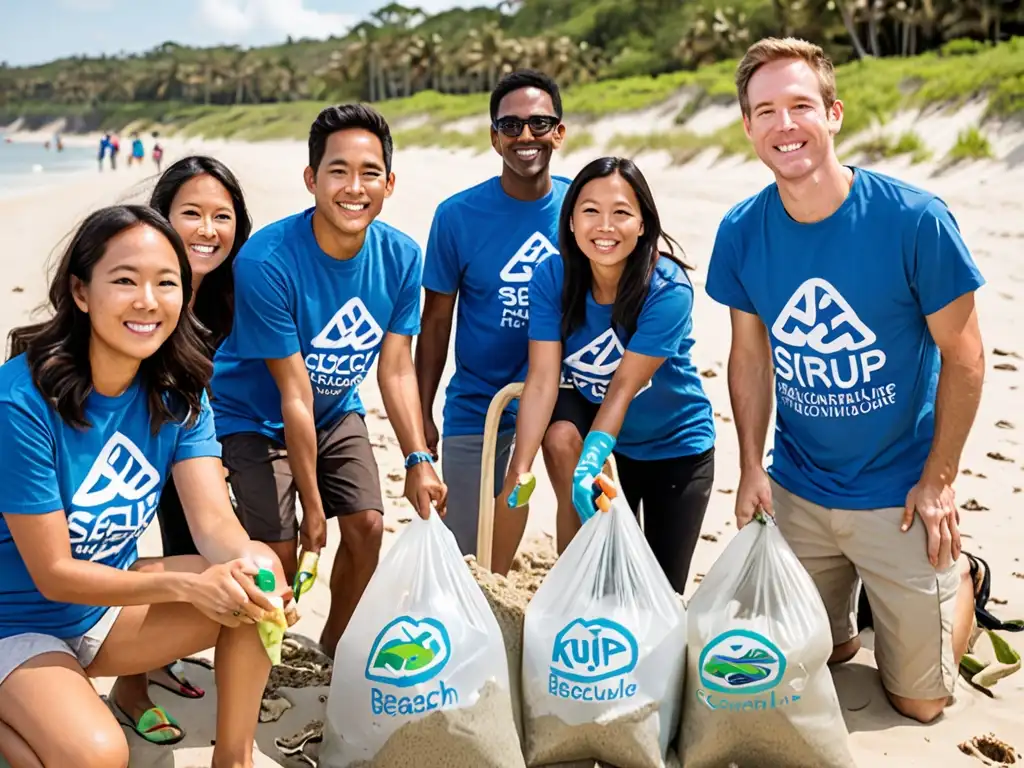 Grupo de empleados de startups tecnológicas en limpieza de playa, demostrando sus obligaciones legales con responsabilidad social y ética ambiental