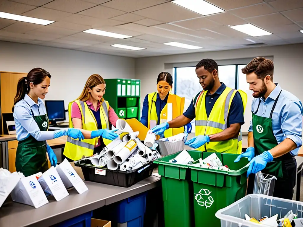 Grupo de empleados en traje profesional clasificando materiales reciclables en la estación de reciclaje de la oficina