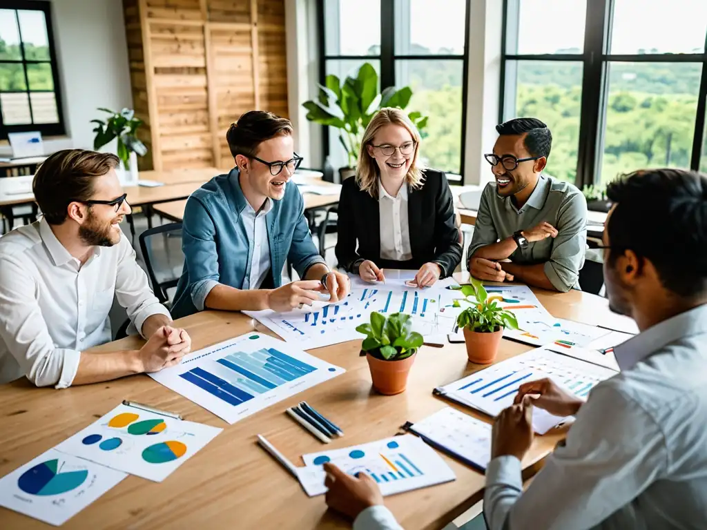 Grupo de emprendedores apasionados debatiendo ideas para startups ambientales en un entorno colaborativo e innovador, con vista a un paisaje verde