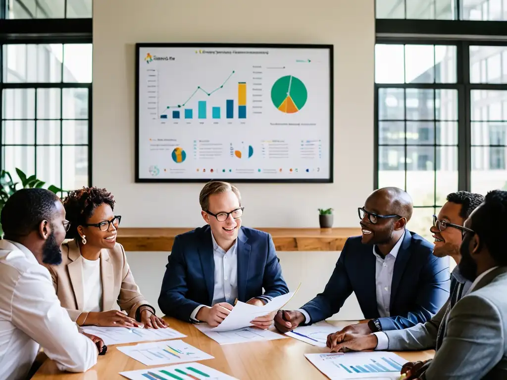 Grupo de emprendedores diverso discutiendo legislación energía renovable, rodeados de gráficos y documentos