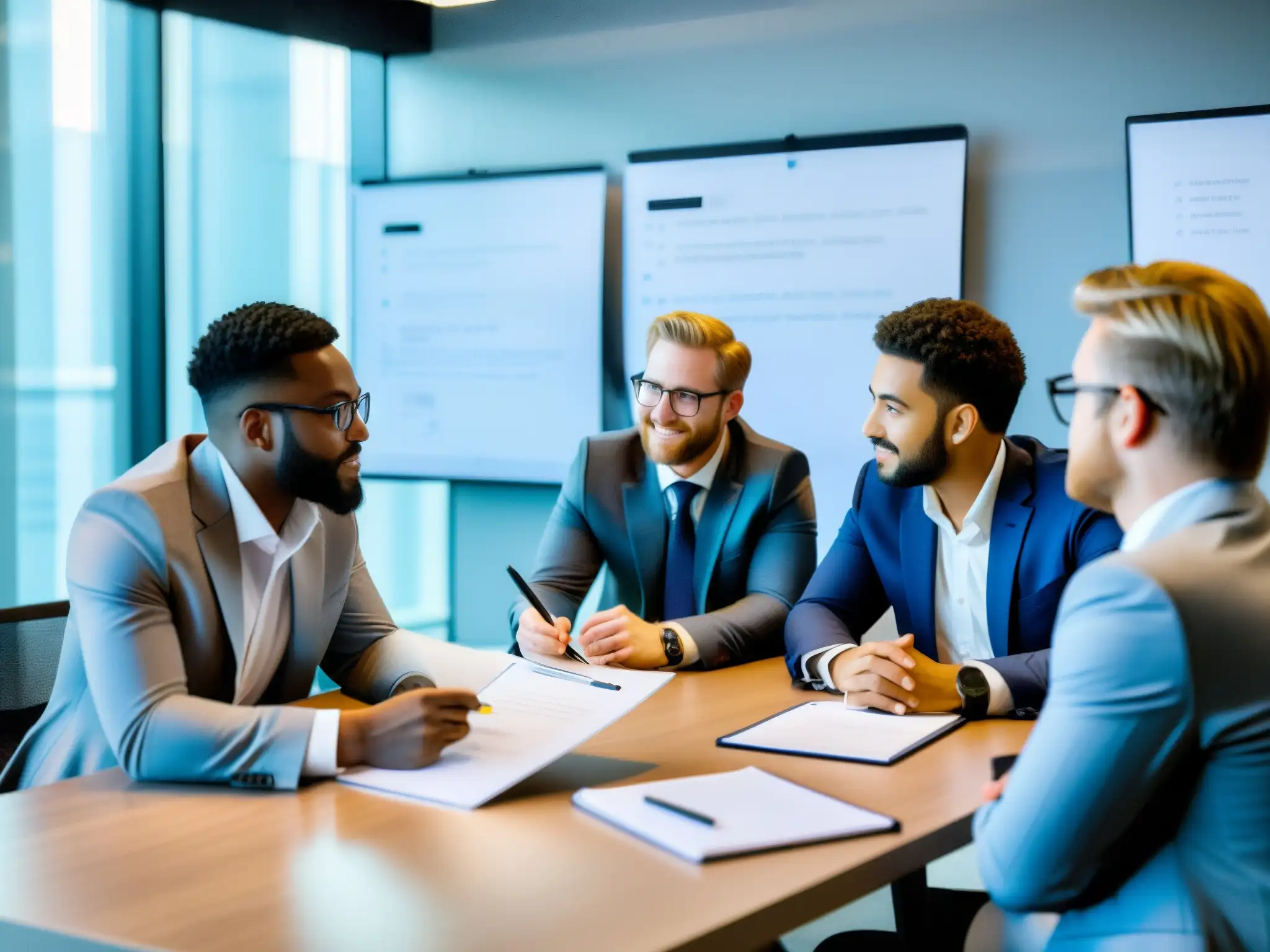 Grupo de emprendedores en oficina moderna, discutiendo con asesores legales sobre obligaciones legales startups tecnológicas