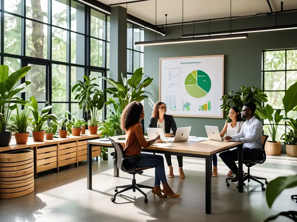 Grupo de emprendedores en oficina sostenible, enfocados en prácticas de negocios verdes bajo derecho ambiental