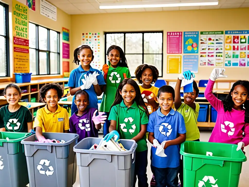 Grupo escolar diverso clasificando materiales reciclables en centro de reciclaje escolar, mostrando estrategias para fomentar reciclaje en escuelas