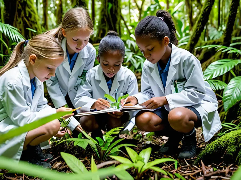 Un grupo de escolares investiga en un bosque tropical, tomando muestras y anotando descubrimientos