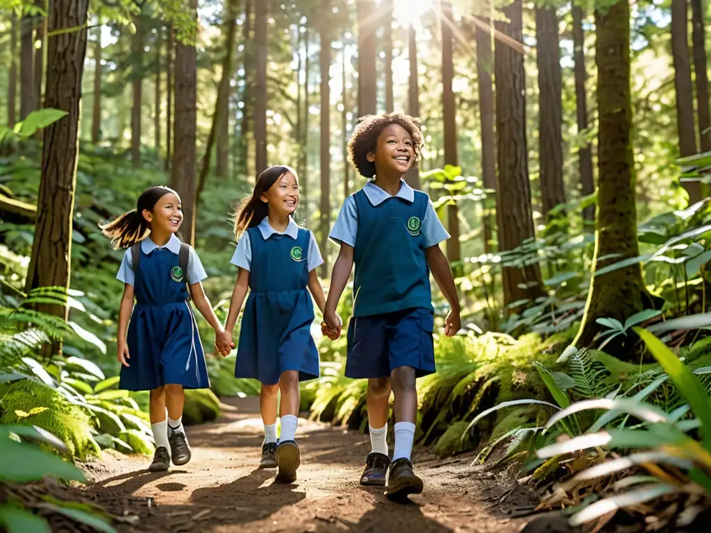 Un grupo de estudiantes de primaria, vestidos con uniformes azules, explorando un bosque verde mientras observan la vida silvestre