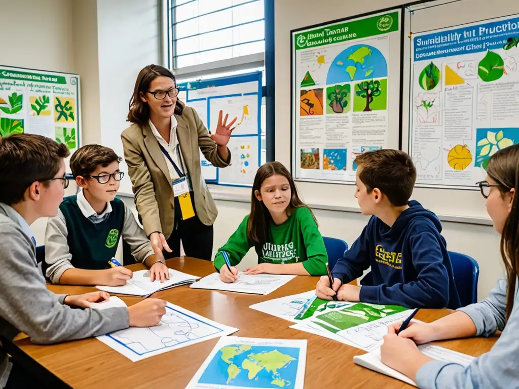 Grupo de estudiantes y profesor discuten la importancia de actualizar currículum con normativas ambientales en un aula luminosa y colaborativa