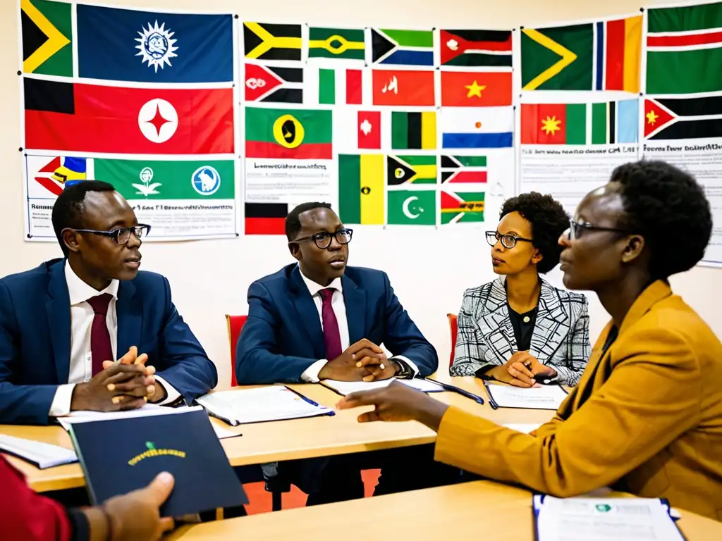 Un grupo de expertos en derecho ambiental y académicos africanos discuten apasionadamente en una conferencia, rodeados de banderas africanas y carteles de conservación ambiental