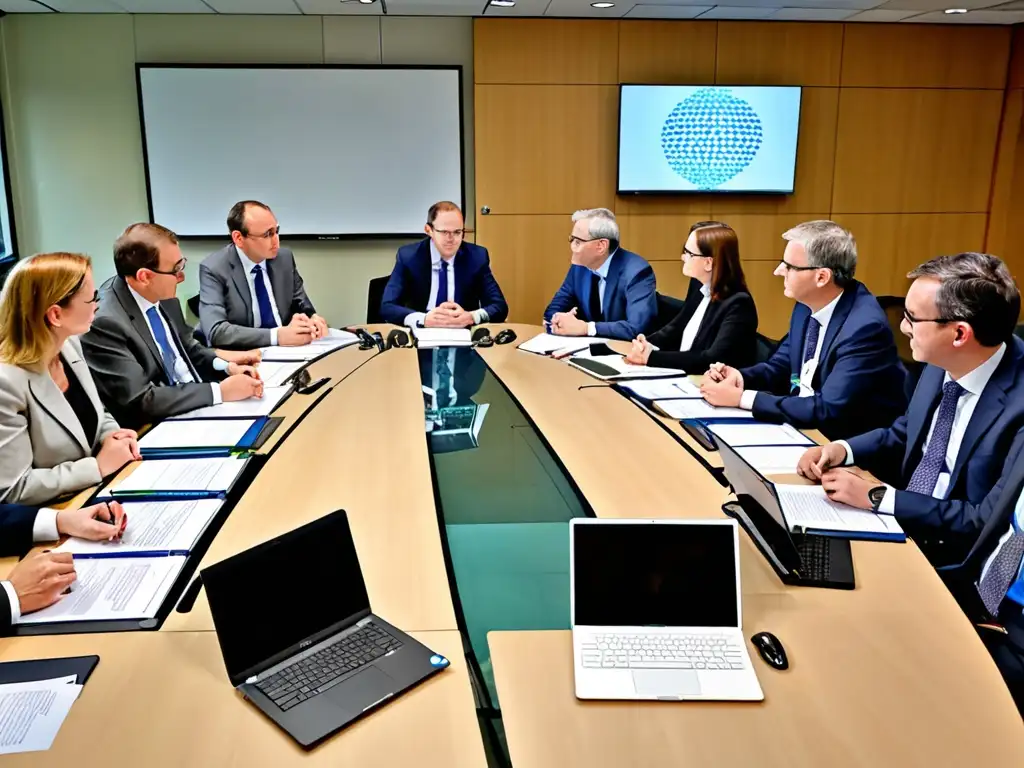 Grupo de expertos internacionales y científicos discuten las regulaciones ambientales de la terapia génica en una sala de conferencias moderna