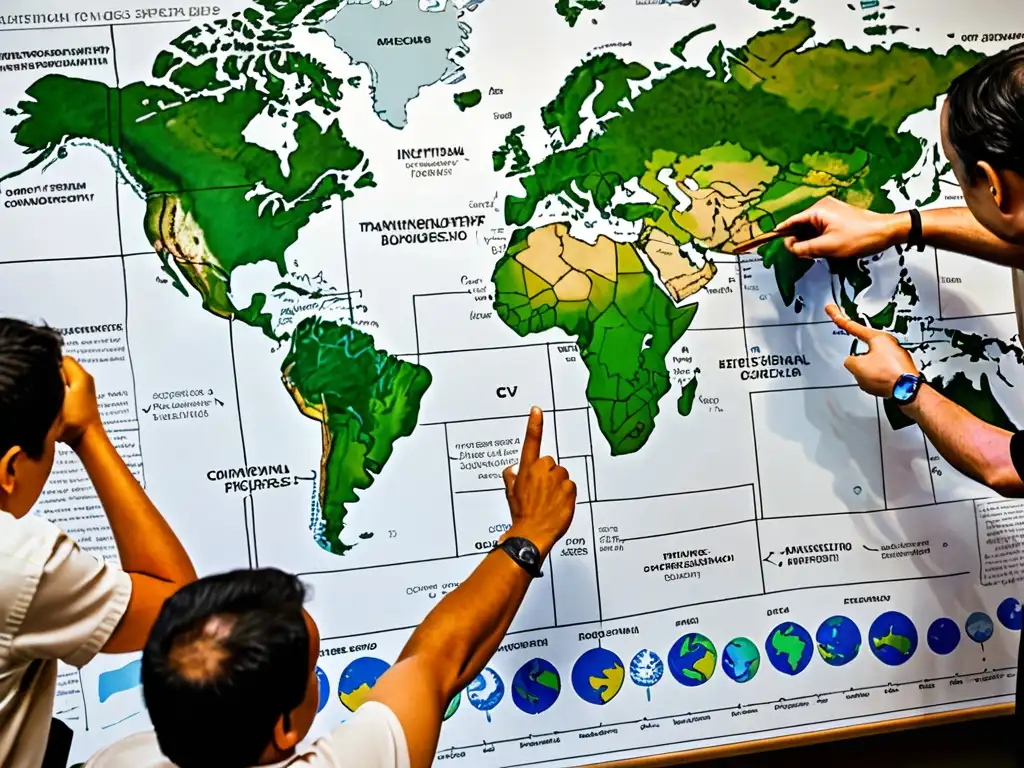 Un grupo de expertos internacionales discute estrategias para la preservación de la biodiversidad y especies amenazadas, mientras señalan regiones en un detallado mapa del mundo