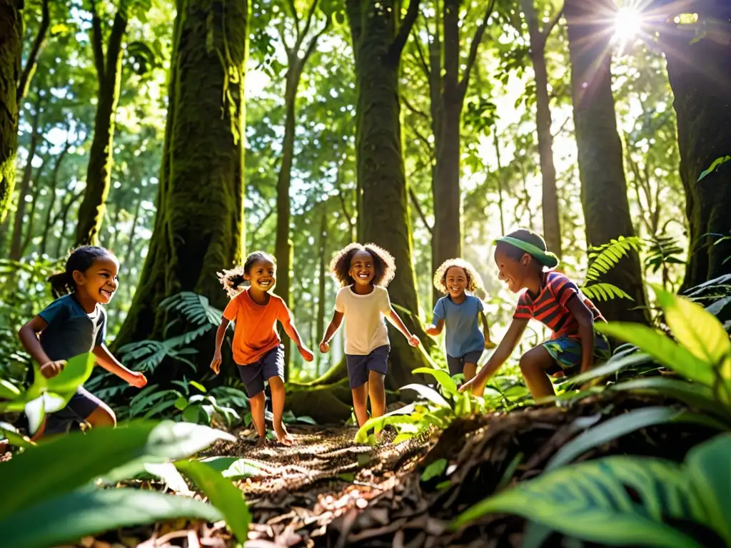 Un grupo de niños sonríe mientras juega en el exuberante bosque, resaltando la importancia de proteger el medio ambiente para el bienestar futuro