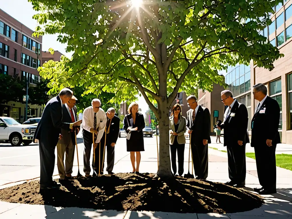 Grupo de funcionarios y arboristas examinan un árbol recién plantado en la ciudad, discutiendo normativas arborización urbana legalidad