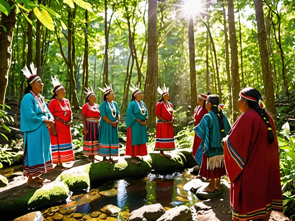 Grupo indígena en bosque verde, realizando rituales