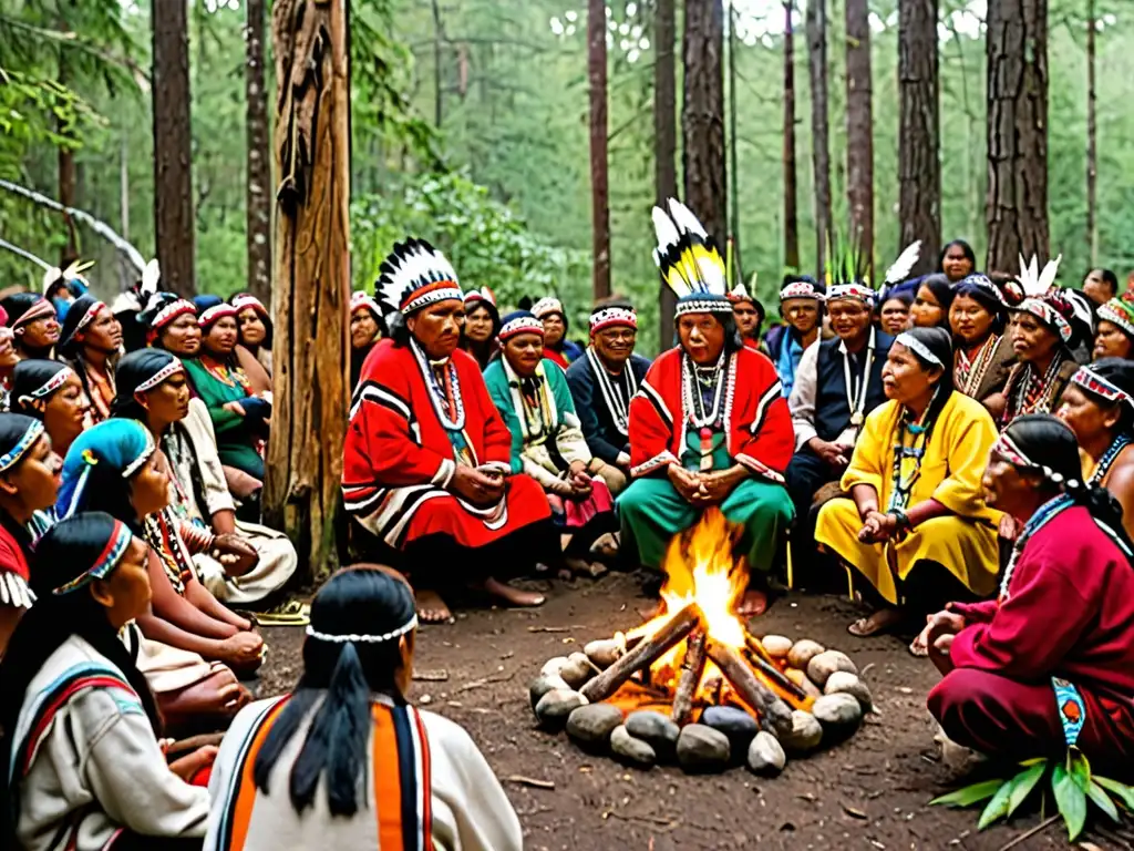 Grupo indígena celebra ceremonia tradicional en el bosque, integración visiones indígenas gestión ambiental