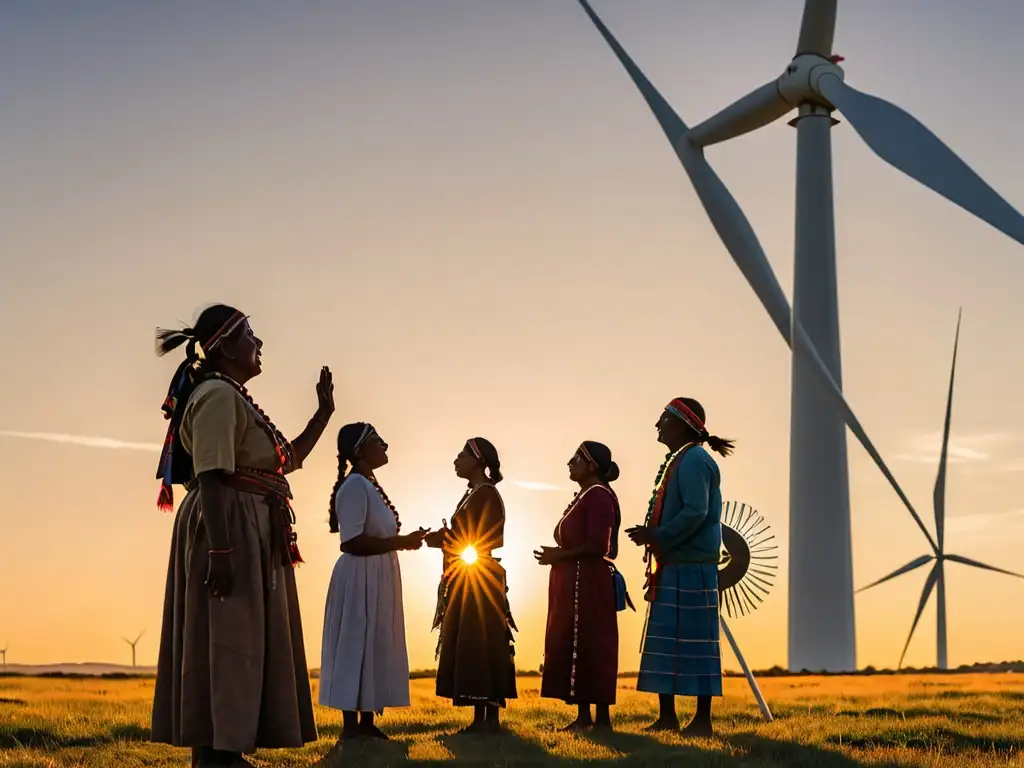 Grupo indígena conversando frente a molino eólico al atardecer, en diálogo sobre impacto en su comunidad