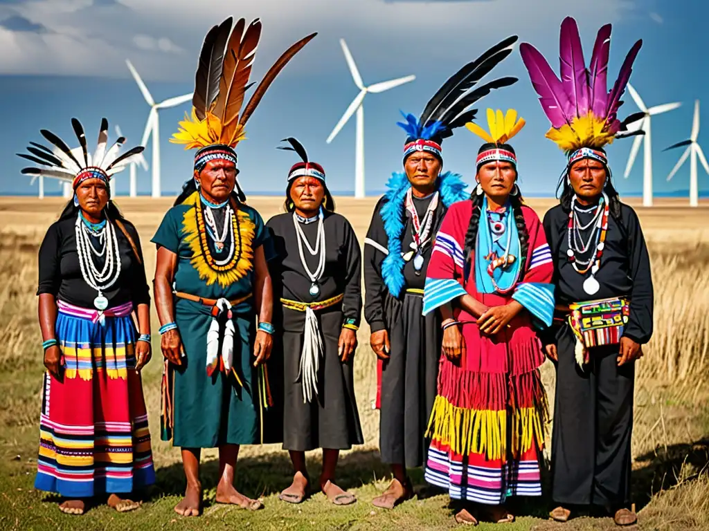 Grupo indígena frente a parque eólico, expresiones serias y paisaje vasto transmiten la complejidad del conflicto energía renovable derechos humanos