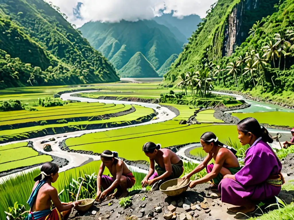 Grupo indígena practicando minería tradicional en paisaje filipino