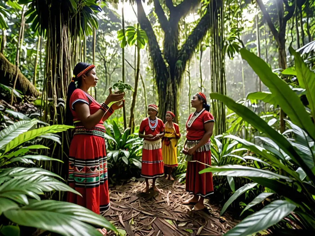 Grupo indígena recolectando plantas medicinales en la selva