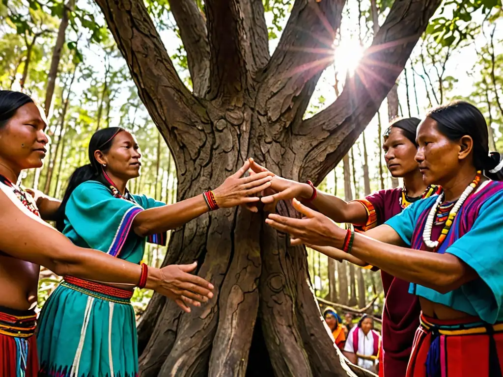 Grupo indígena realiza ritual alrededor de árbol sagrado en la selva