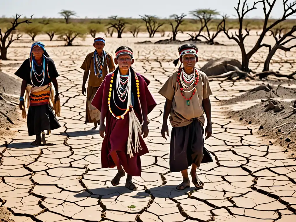 Grupo indígena en vestimenta tradicional camina en paisaje árido y seco, mostrando determinación y resistencia ante el cambio climático y la injusticia ambiental