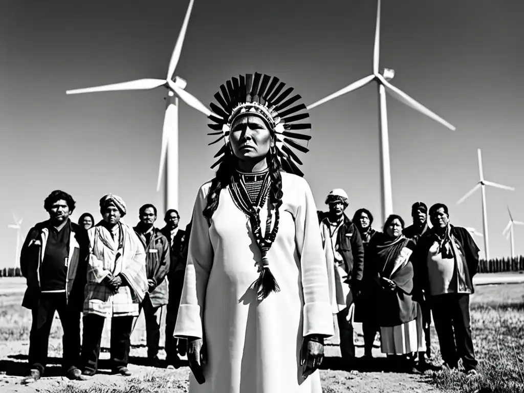 Un grupo de indígenas protesta frente a un moderno molino de viento, mostrando el conflicto entre energía renovable y derechos humanos