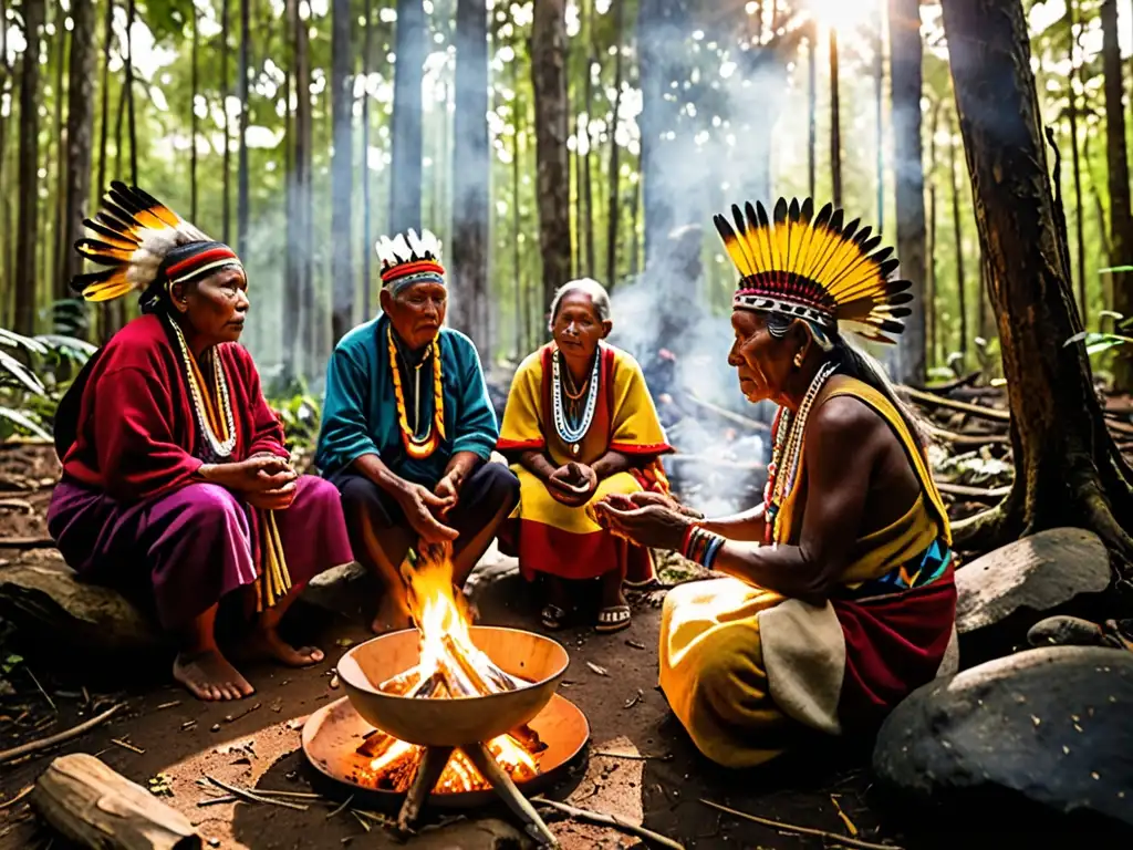 Un grupo de indígenas se reúne alrededor de un fuego sagrado en un bosque exuberante, preservando tradiciones ancestrales en armonía con la naturaleza