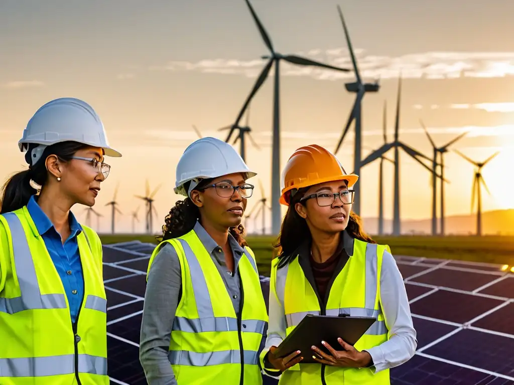 Un grupo de ingenieras y técnicas con cascos y equipo de seguridad, inspeccionando paneles solares y turbinas eólicas al atardecer