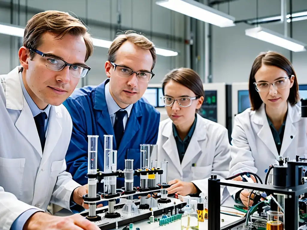 Grupo de ingenieros y científicos trabajando en proyectos de tecnologías limpias, mostrando ética y determinación en laboratorio