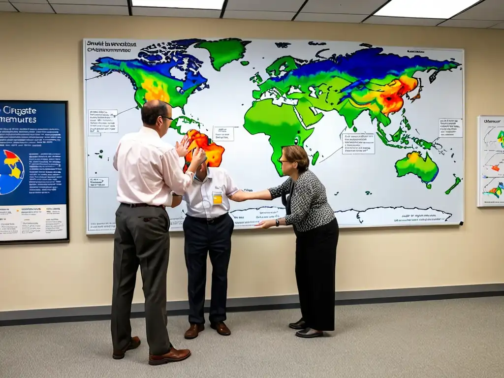 Un grupo de investigadores analiza gráficos sobre el aumento de temperaturas globales, destacando el impacto del cambio climático