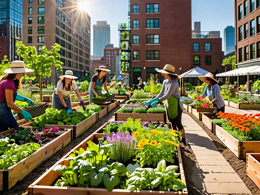 Un grupo de jardineros urbanos cuida con esmero sus plantas en huertos elevados, creando un oasis verde en medio de la bulliciosa ciudad