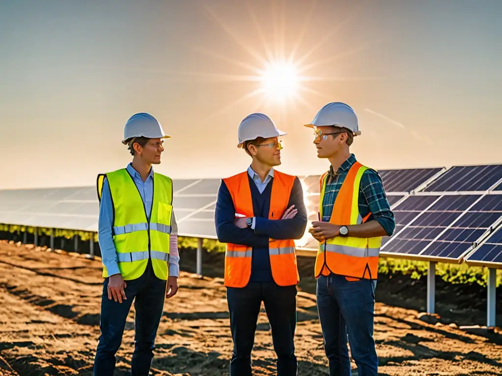 Un grupo de jóvenes emprendedores con cascos y chalecos de seguridad examinan paneles solares al atardecer