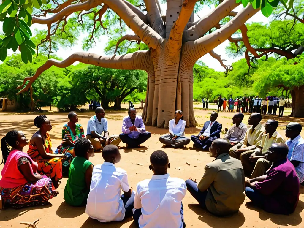 Un grupo de líderes y activistas africanos discuten bajo un baobab, con la ciudad al fondo