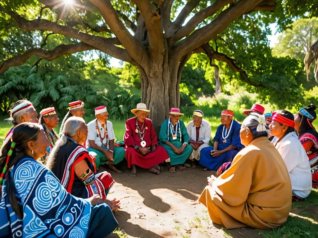 Grupo de líderes y ancianos indígenas protegiendo tradiciones de comunidades locales bajo un árbol centenario