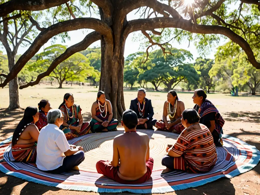 Grupo de líderes indígenas discuten bajo un árbol con textiles tradicionales, representando inversiones responsables criterios éticos