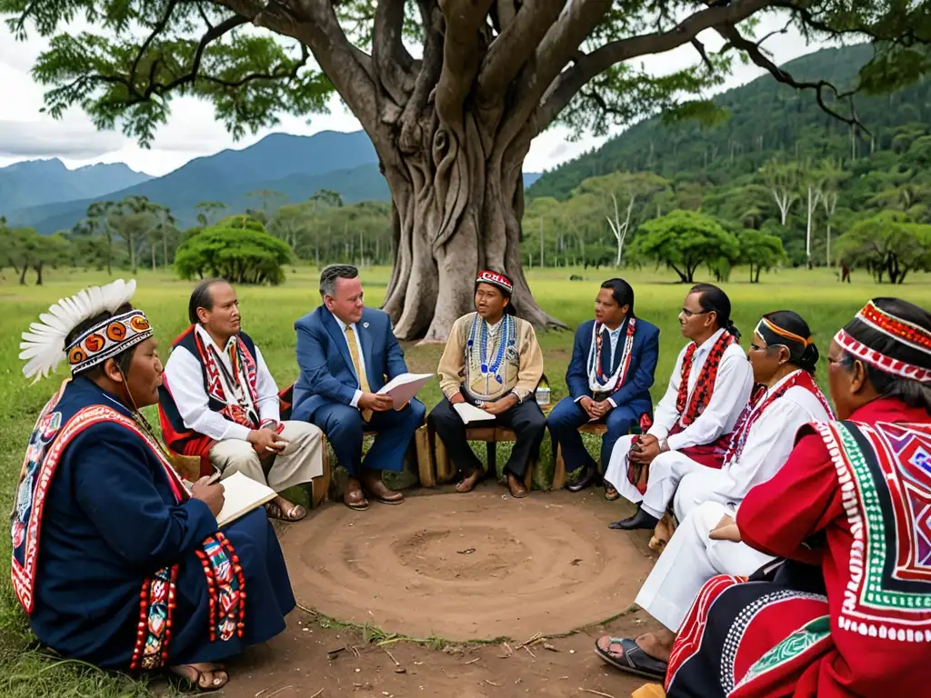 Grupo de líderes indígenas y asesores financieros en profunda discusión bajo un árbol