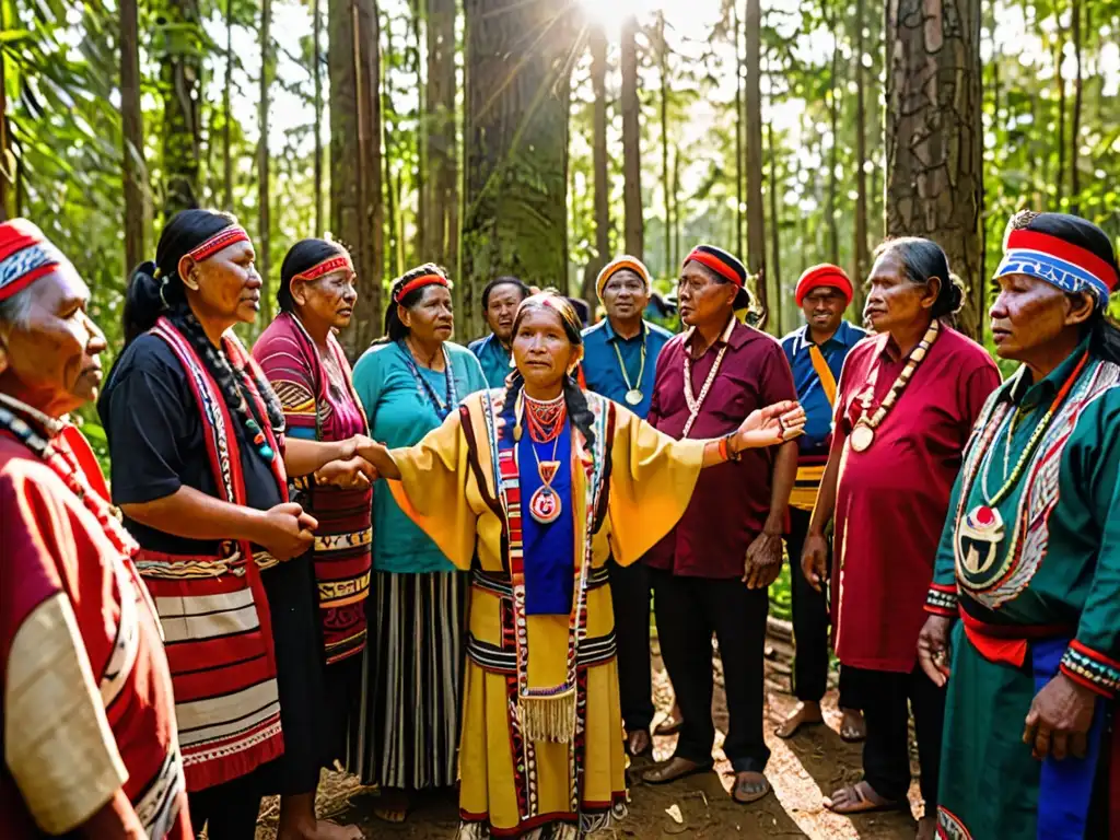 Grupo de líderes indígenas en círculo, unidos y decididos, en un claro rodeado de naturaleza exuberante