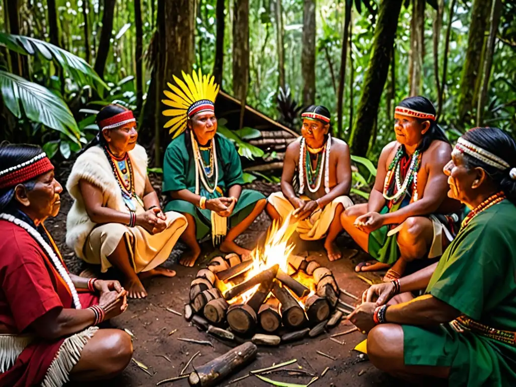 Grupo de líderes indígenas en círculo alrededor del fuego, resplandor cálido entre la exuberante selva