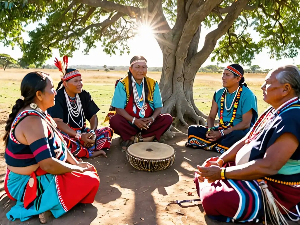 Grupo de líderes indígenas en círculo bajo un árbol, discutiendo y mostrando instrumentos tradicionales