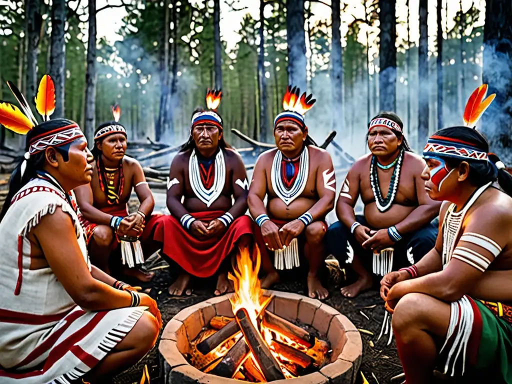 Un grupo de líderes indígenas se reúnen alrededor del fuego en una ceremonia tradicional, vistiendo trajes vibrantes y expresando profunda conexión espiritual con la tierra, transmitiendo protección derechos territoriales indígenas