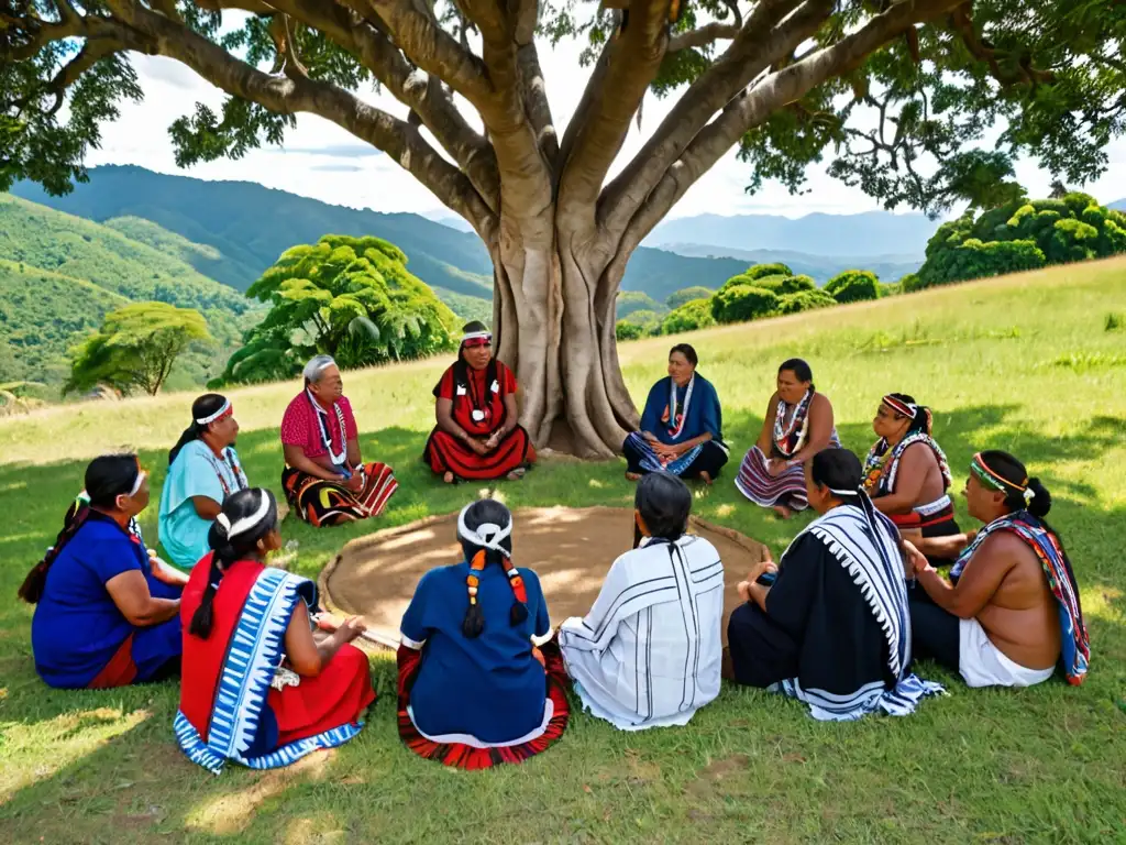 Grupo de líderes indígenas discuten legislación inclusiva pueblos indígenas América bajo un árbol, expresando determinación y esperanza